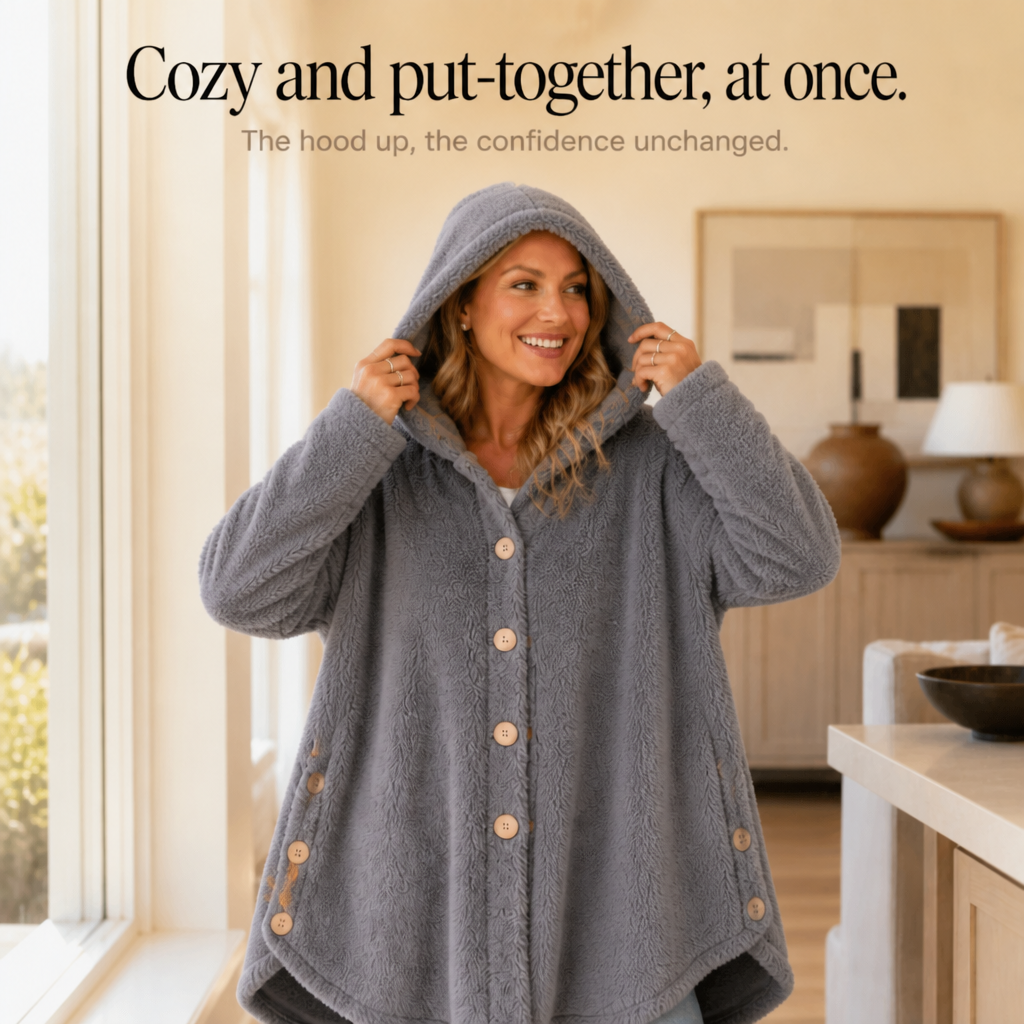 Veluna Hooded Fleece Coat - Asymmetric Button Women's Coat
