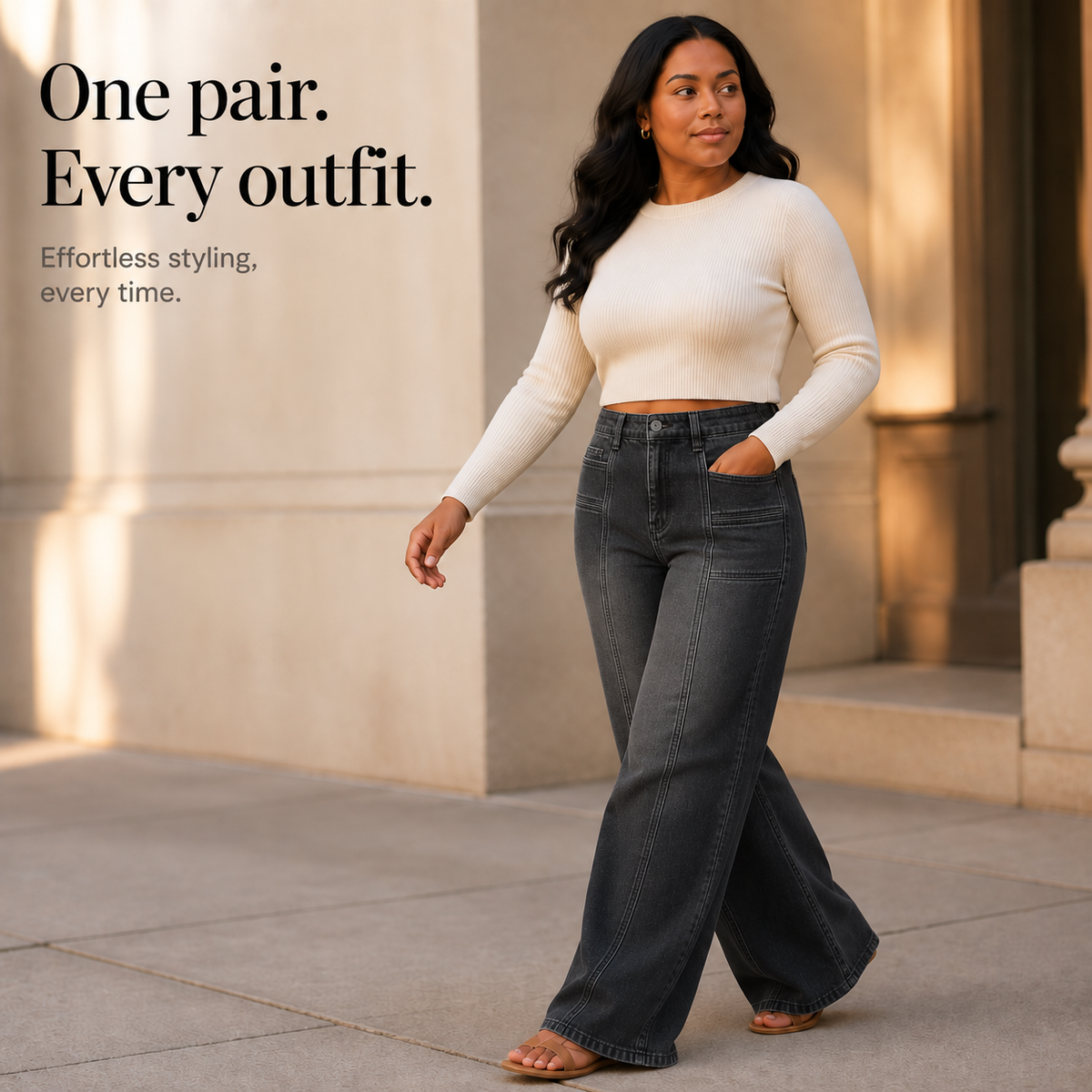 Longline Wide Leg Jeans - High Waisted Seam Women's Jeans