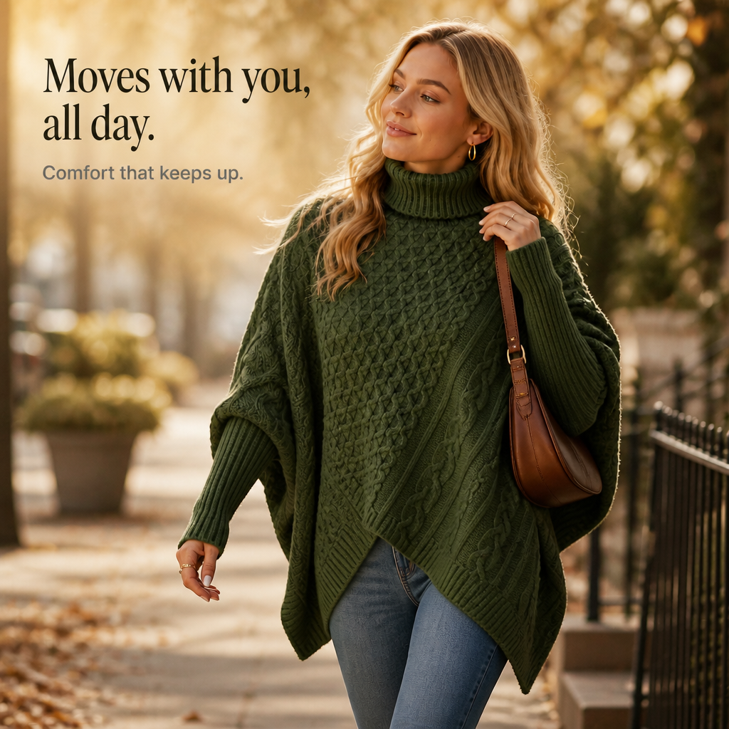 Cable & Cove Poncho Jumper - Women's Cable Knit Roll Neck