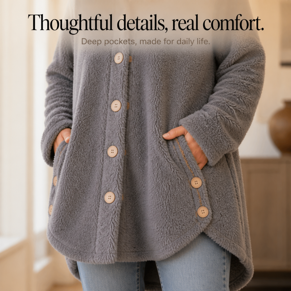 Veluna Hooded Fleece Coat - Asymmetric Button Women's Coat
