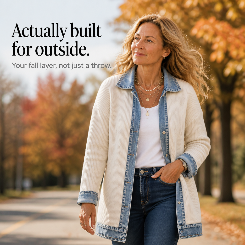 Ribova Ribbed Knit Coat - Women's Denim Panel Long Cardigan