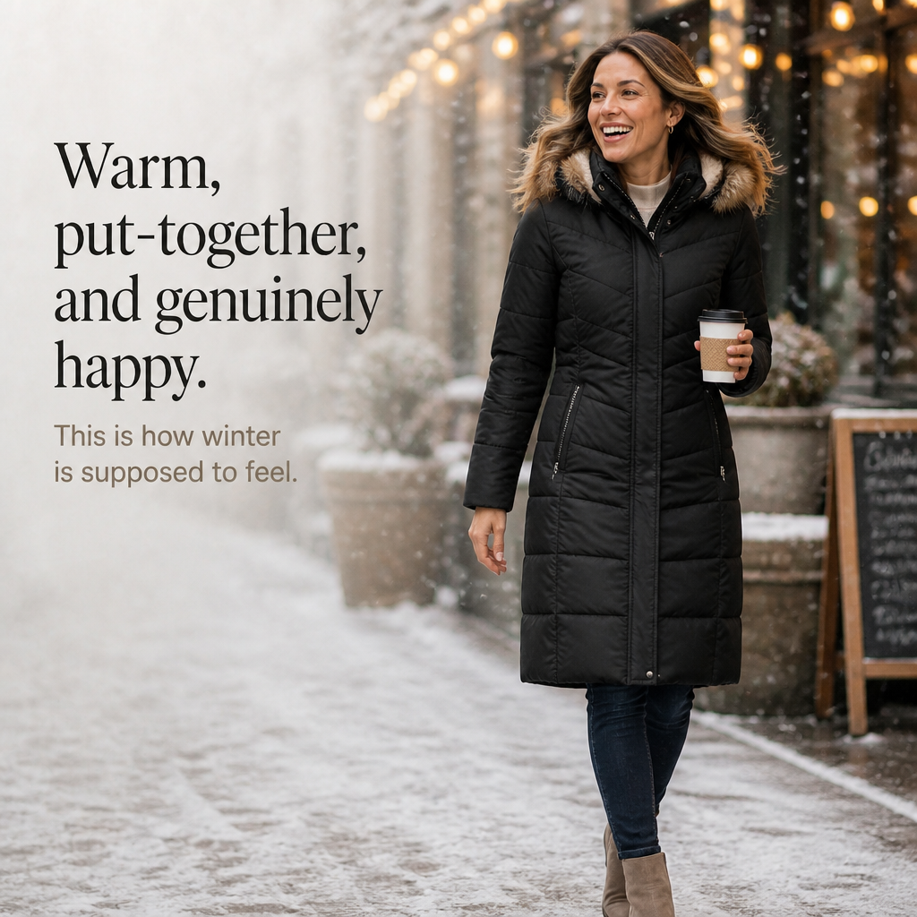 Chevronwarm Longline Puffer Coat - Women's Faux Fur Hood