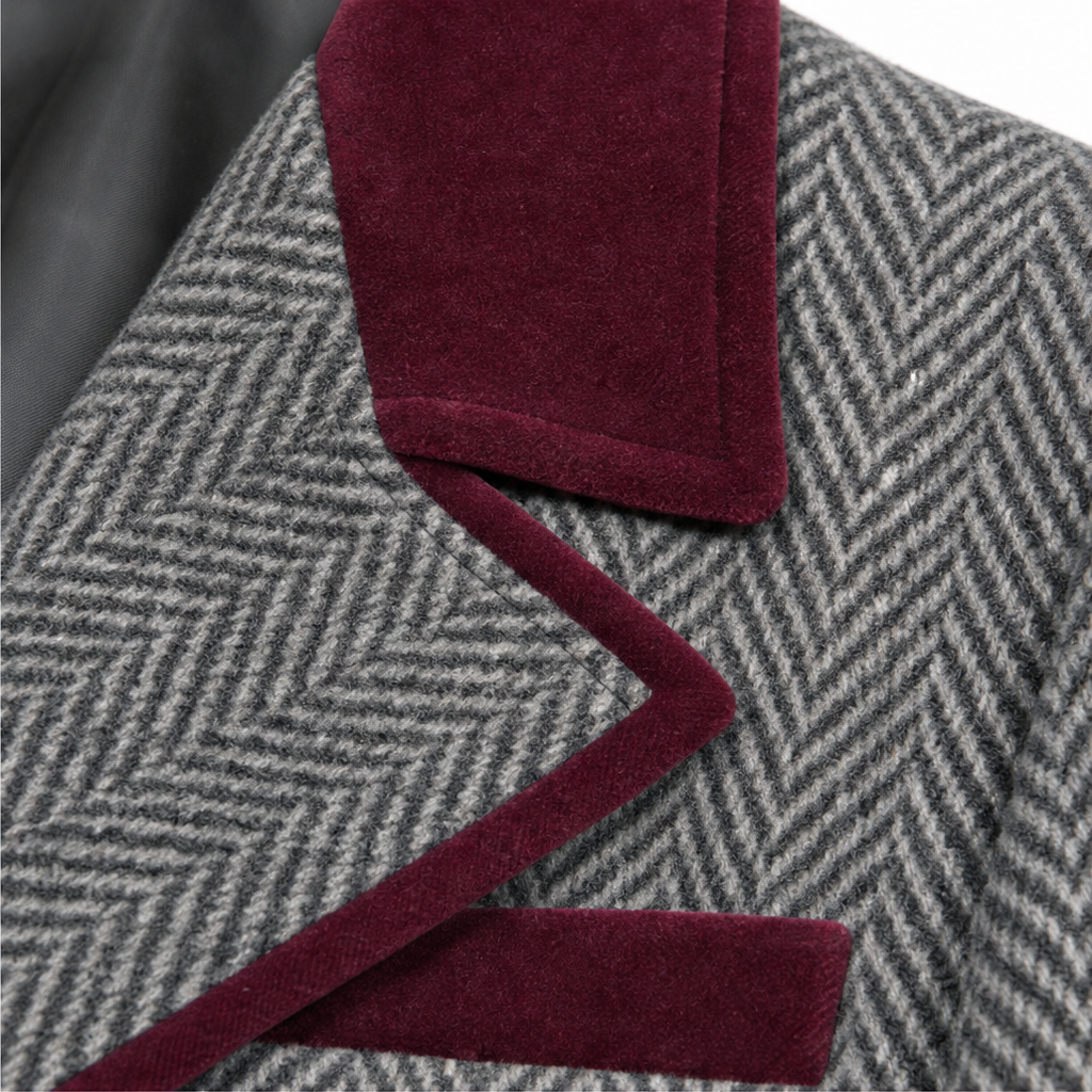 Veloura Herringbone Long Coat - Burgundy Trim Women's Coat