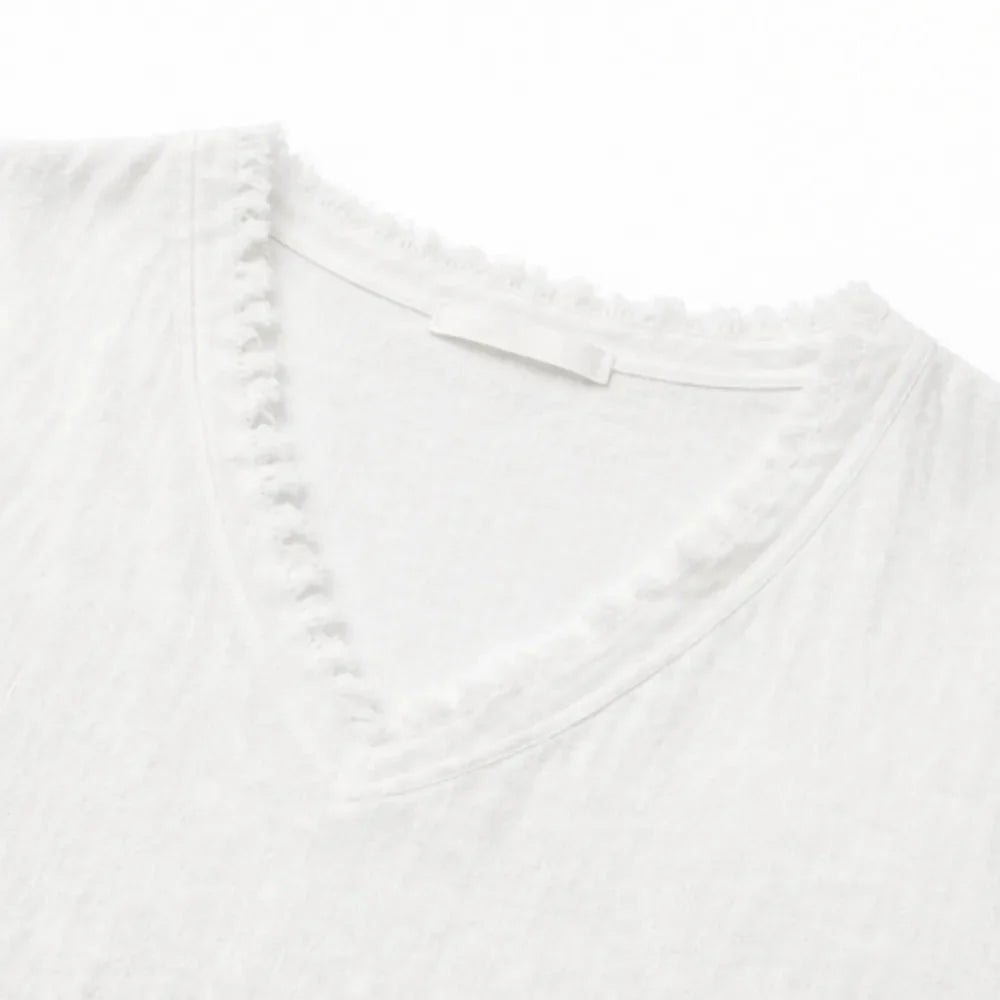 Lorelei - Boho Frayed-Trim V-Neck Women's Tee, Loose Fit