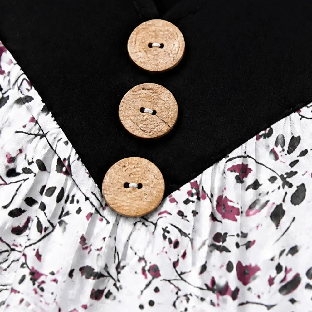 Evelora - Floral V-Neck Tunic Top with Button Yoke