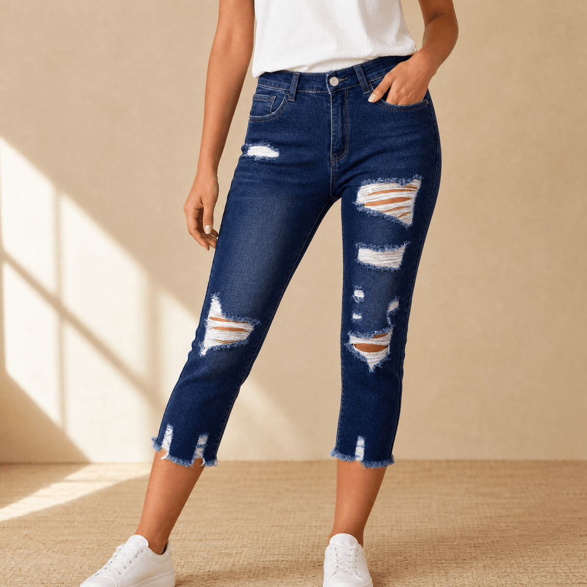 Delina Capri Jeans - Frayed Hem Women's Cotton Jeans