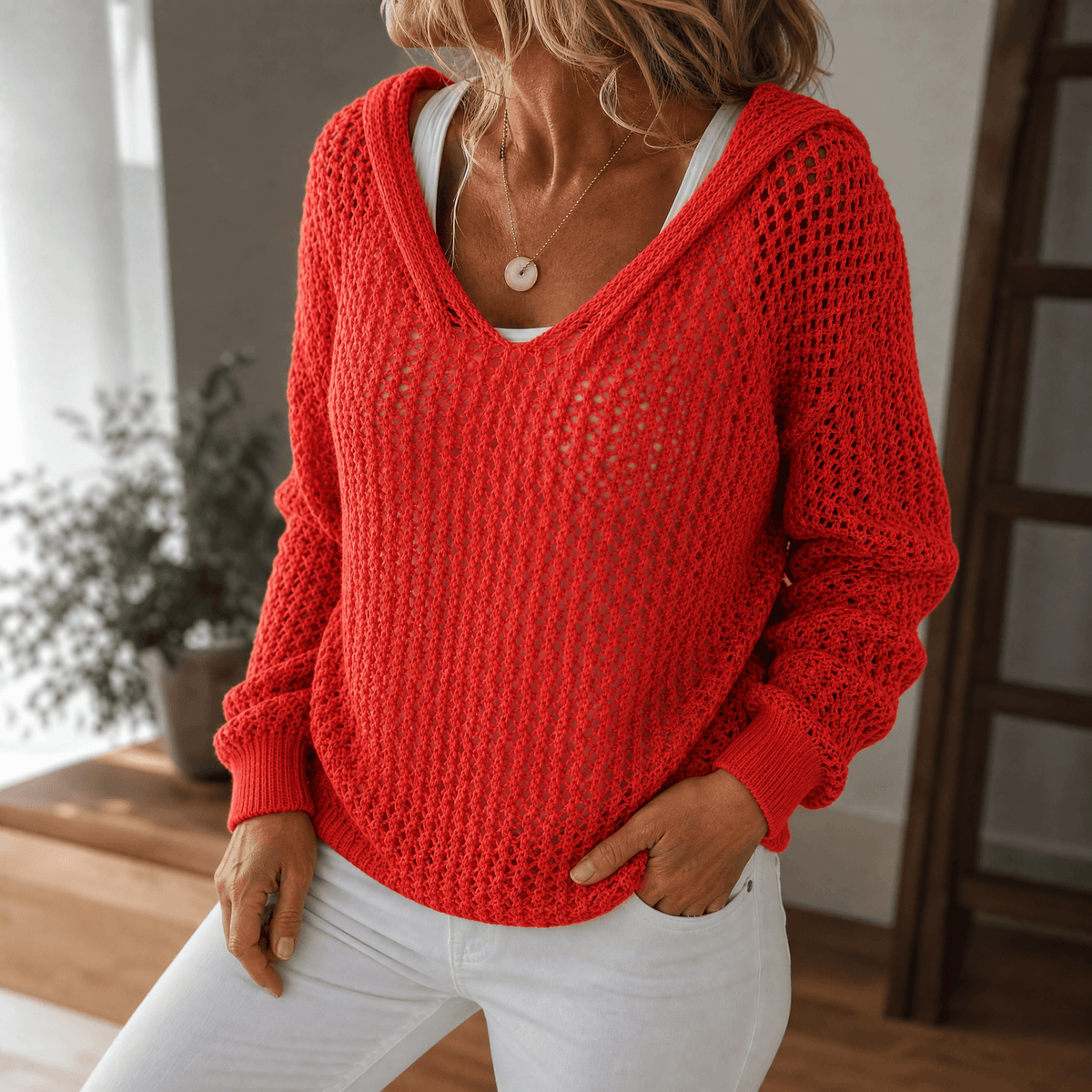 Delyne - Women's Open-Knit Hooded Pullover