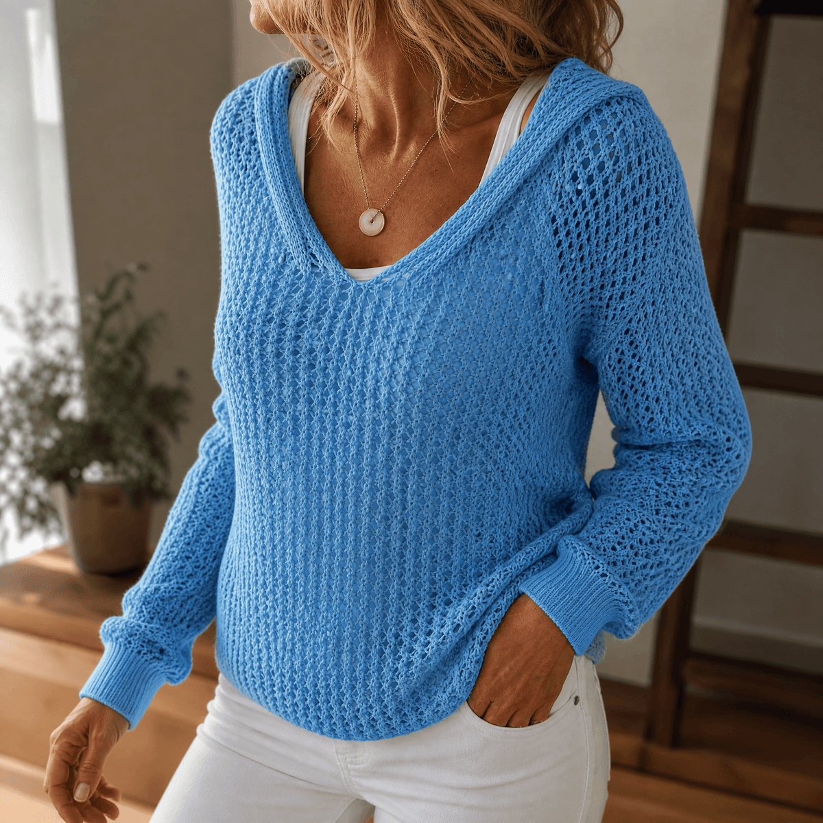 Delyne - Women's Open-Knit Hooded Pullover