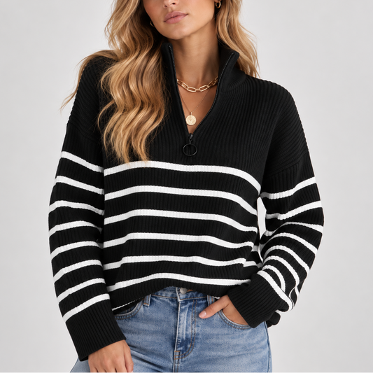 Striped Quarter Zip Knit Sweater - Women's Pullover