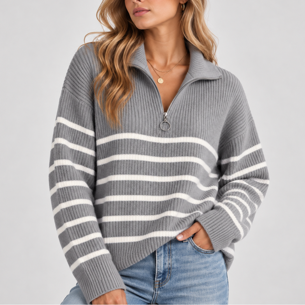 Striped Quarter Zip Knit Sweater - Women's Pullover