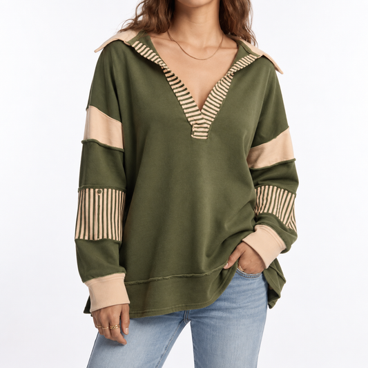 Oversized V-Neck Sweatshirt - Striped Sleeve Women's Top