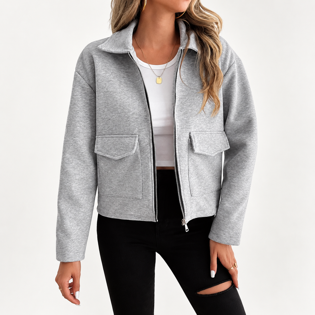 Zip Up Utility Overshirt - Grey Women's Shacket