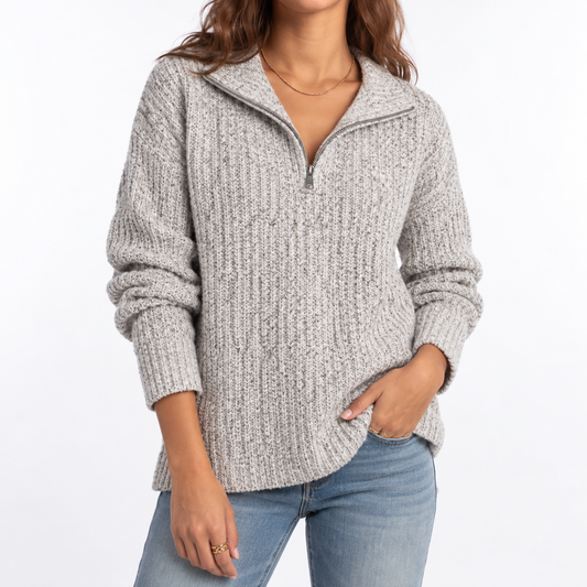 Textured Knit Sweater - Quarter Zip Women's Relaxed Jumper