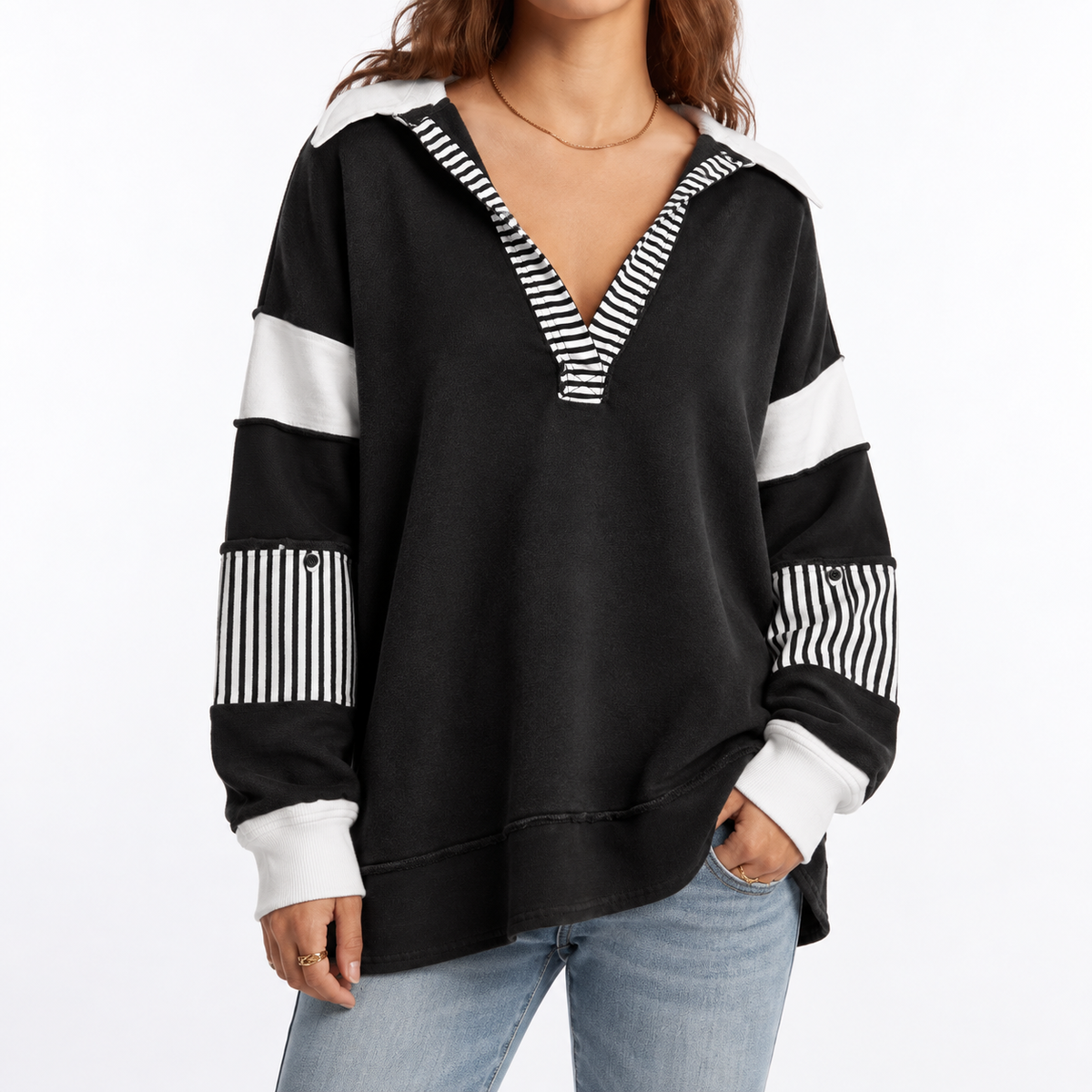 Oversized V-Neck Sweatshirt - Striped Sleeve Women's Top