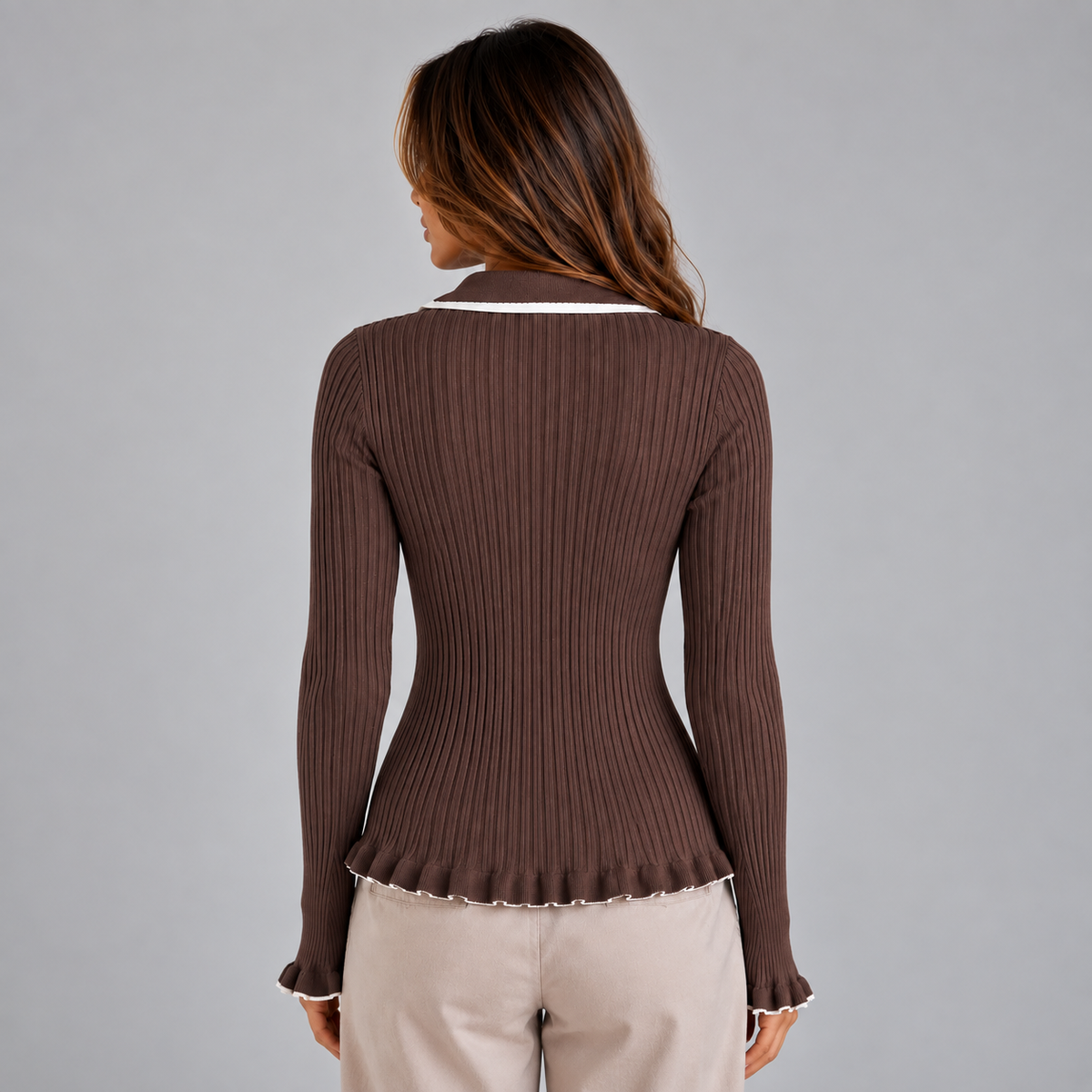 Ribbed Knit Long Sleeve Top - Women's Contrast Collar