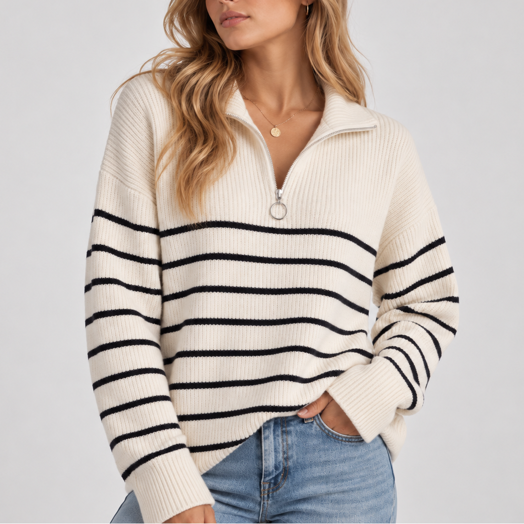 Striped Quarter Zip Knit Sweater - Women's Pullover