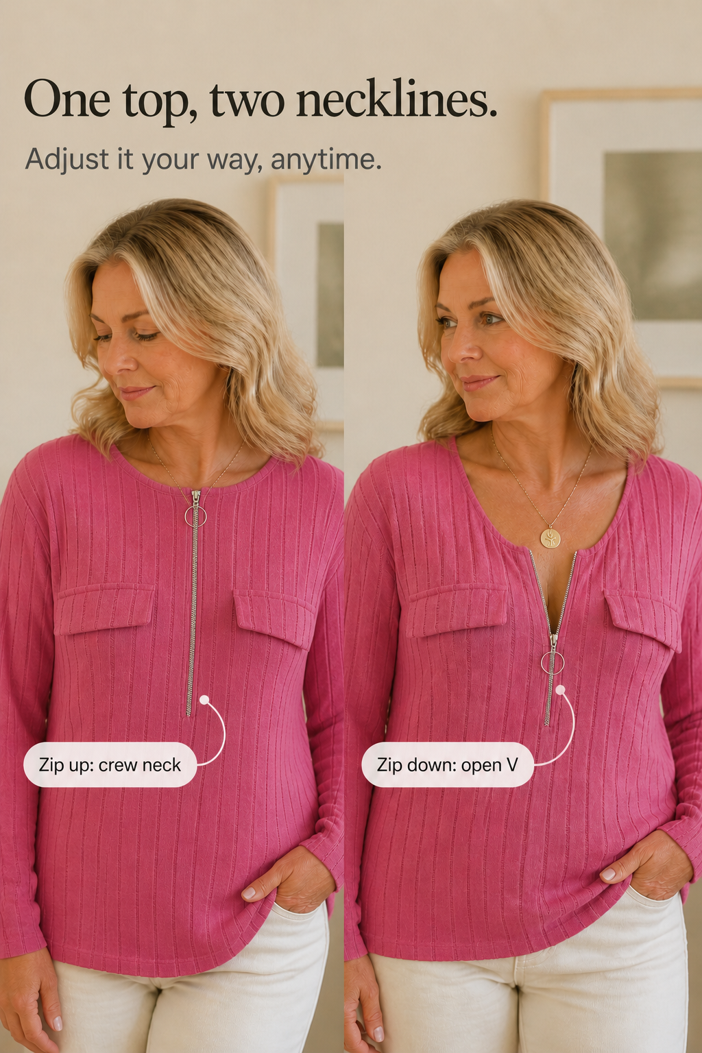 Veloura Zip-Neck Knit Top - Women's Ribbed Jumper