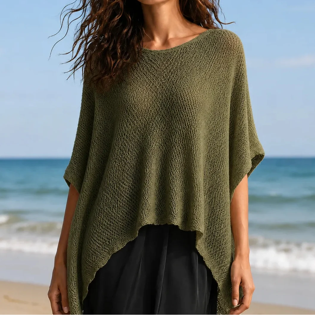 Solvera Open Knit Top - Women's Batwing High Low Top