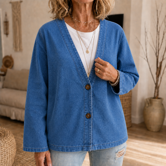 Drapella Denim Look Cardigan - Women's Collarless Cardigan
