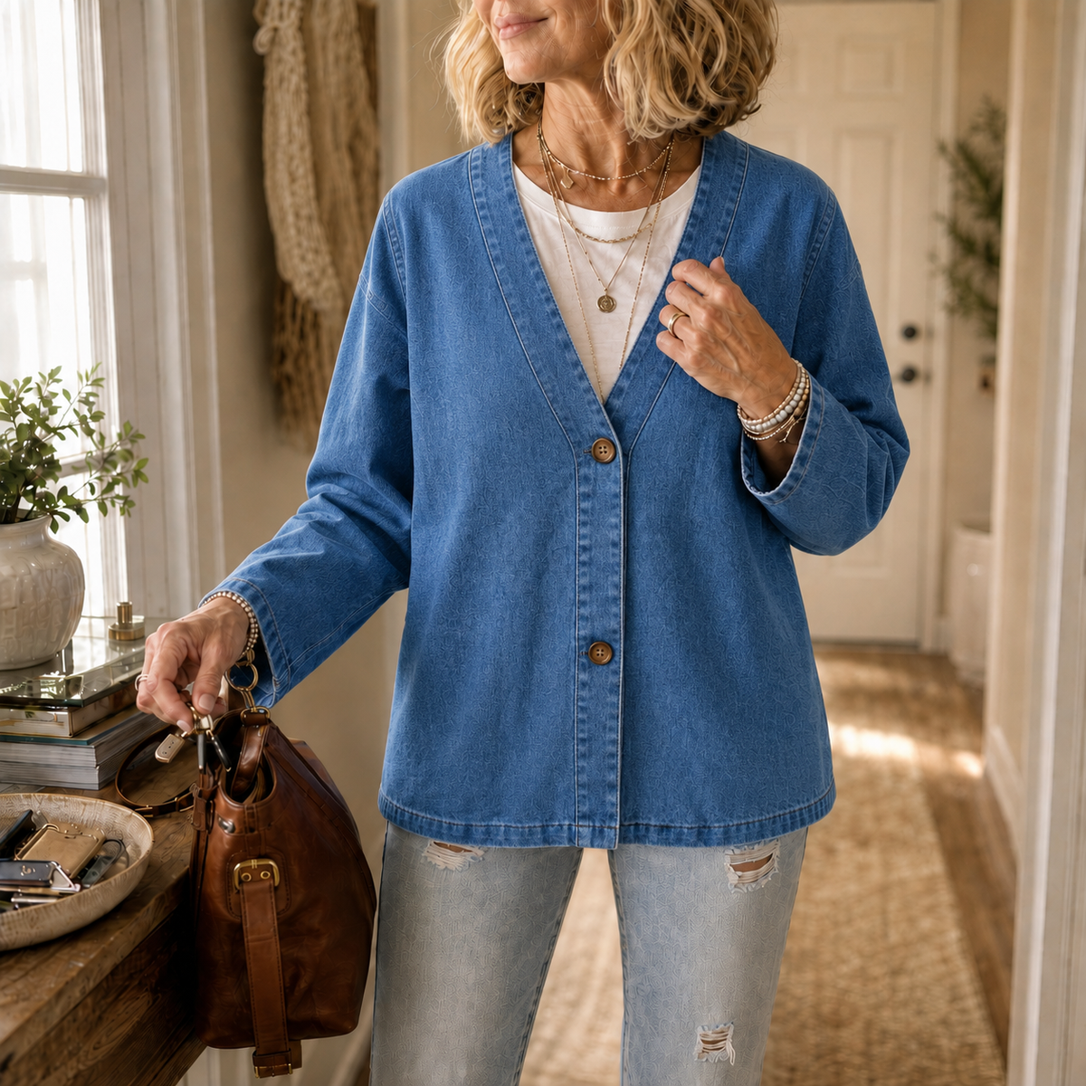 Drapella Denim Look Cardigan - Women's Collarless Cardigan