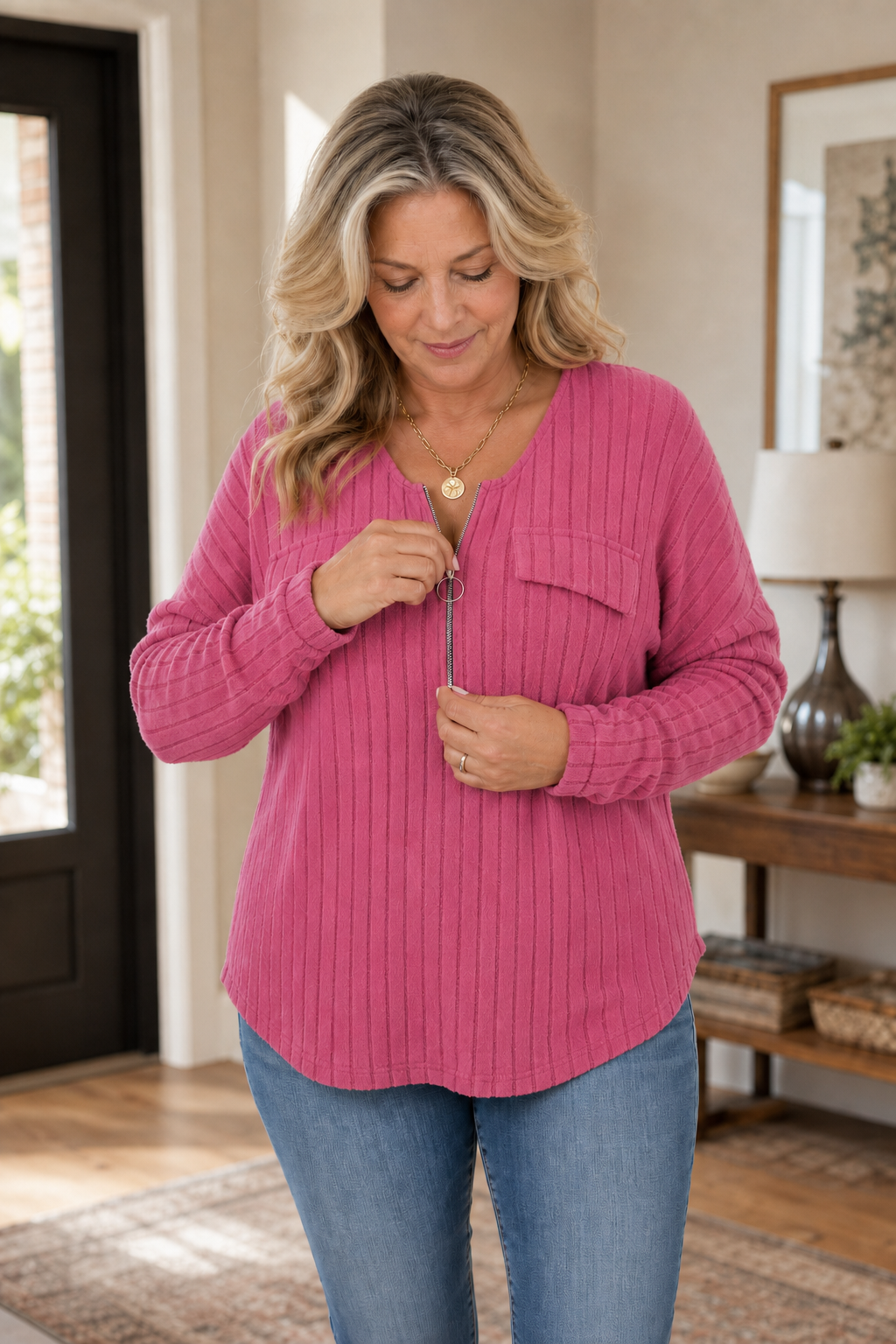 Veloura Zip-Neck Knit Top - Women's Ribbed Jumper