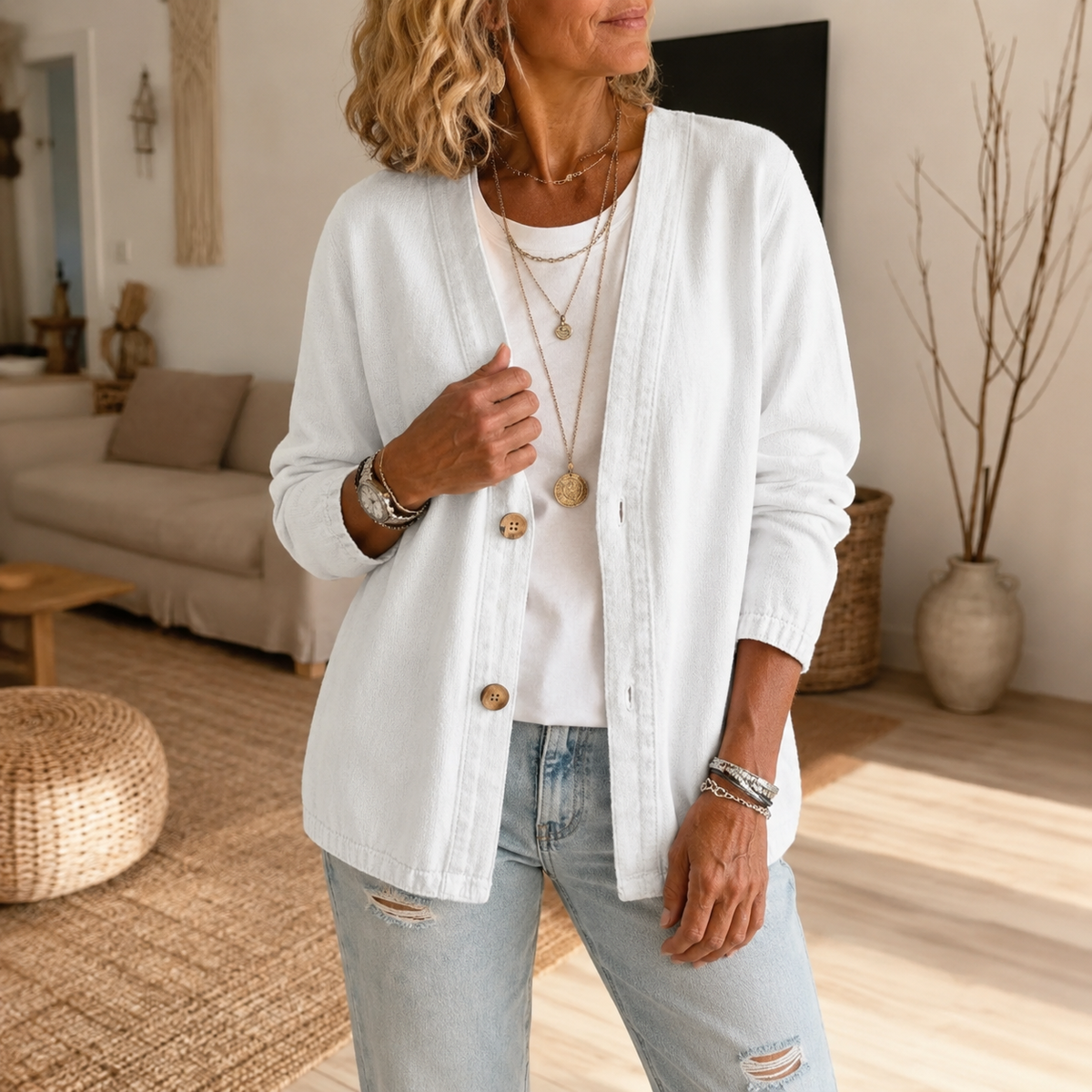 Drapella Denim Look Cardigan - Women's Collarless Cardigan