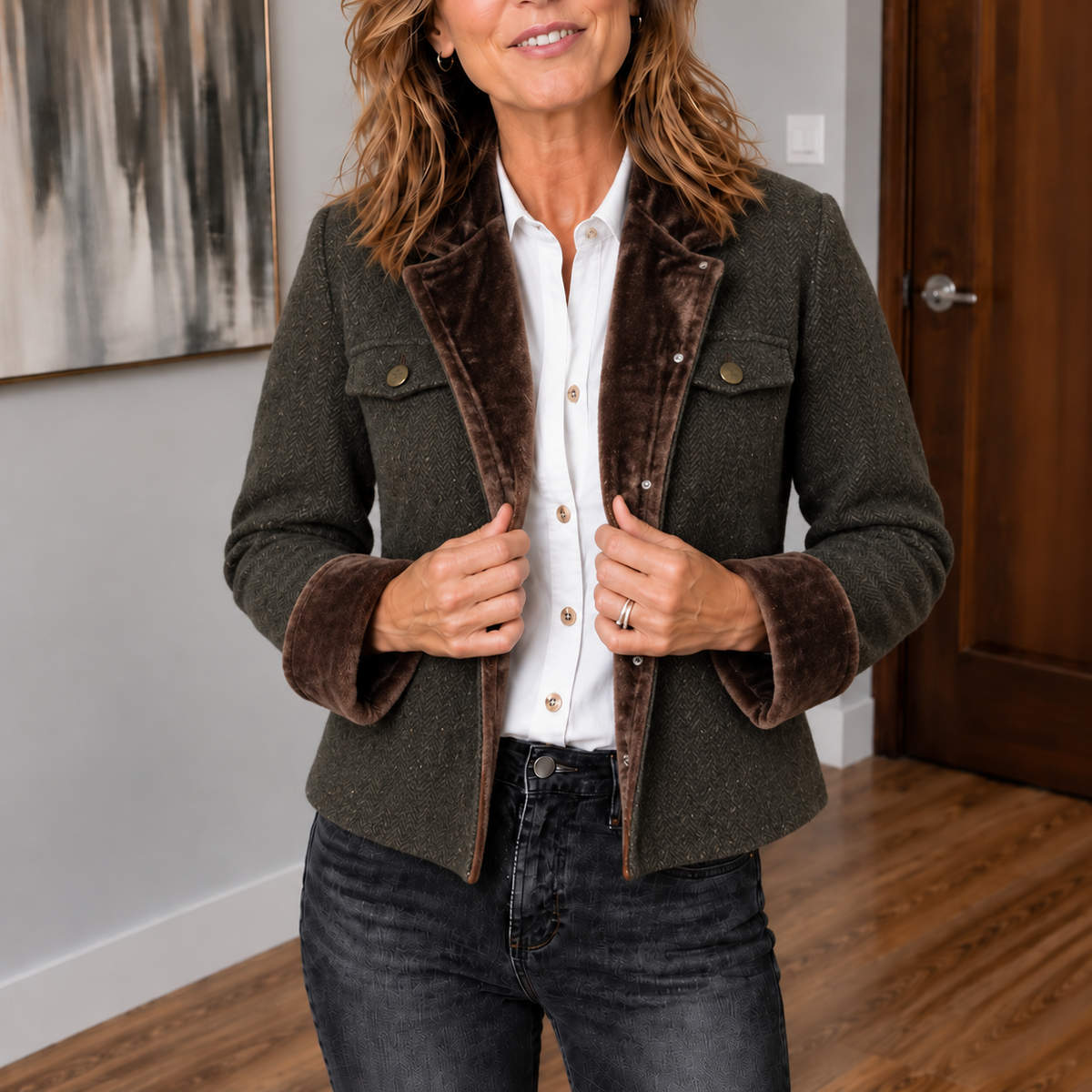 Herrive Herringbone Blazer - Women's Contrast Trim Blazer