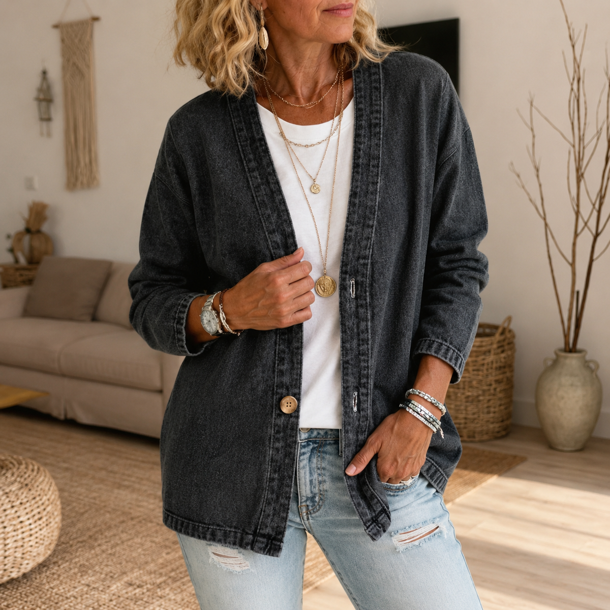 Drapella Denim Look Cardigan - Women's Collarless Cardigan