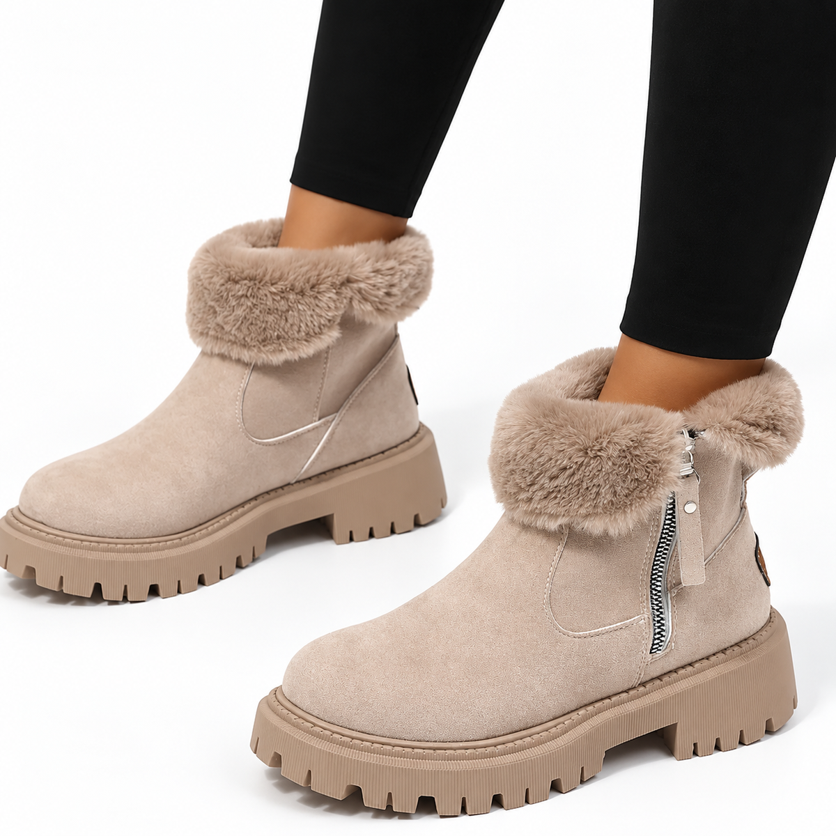 Suede Winter Ankle Boots - Women's Fur Lined Side Zip Boots