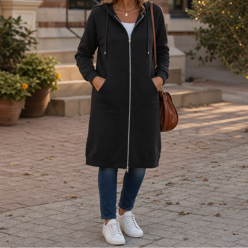 Wrapdown Long Hooded Jacket - Zip Up Women's Longline Coat