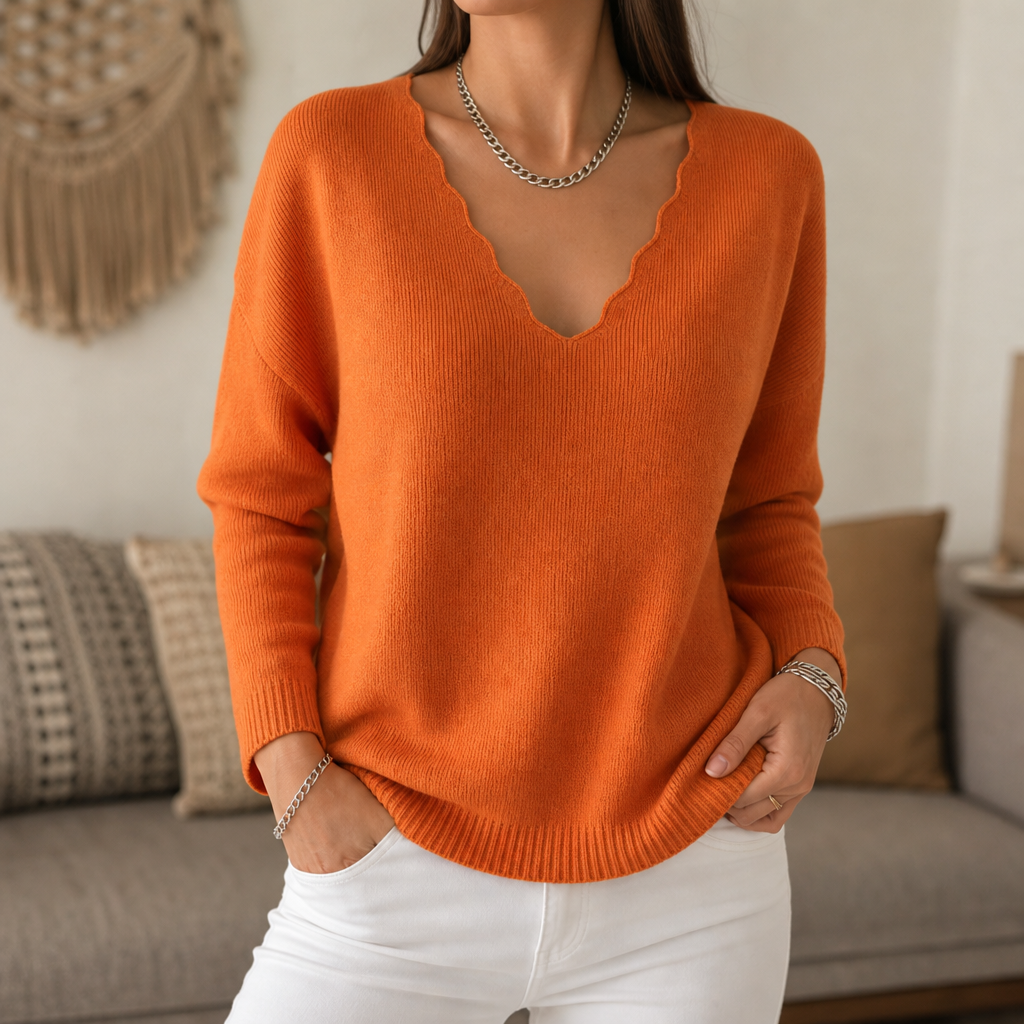 Wavelyn - Scalloped Edge V-Neck Women's Knit Sweater