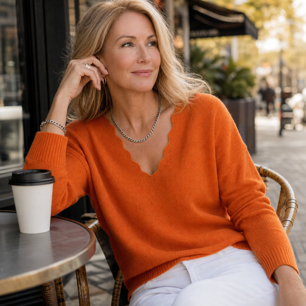 Wavelyn - Scalloped Edge V-Neck Women's Knit Sweater