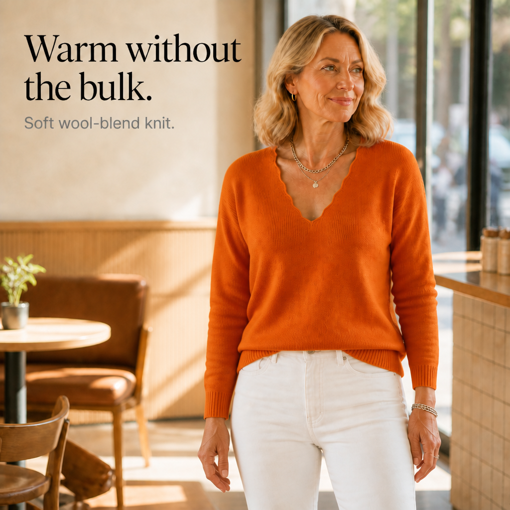 Wavelyn - Scalloped Edge V-Neck Women's Knit Sweater