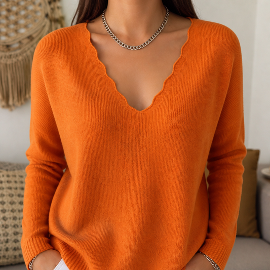 Wavelyn - Scalloped Edge V-Neck Women's Knit Sweater
