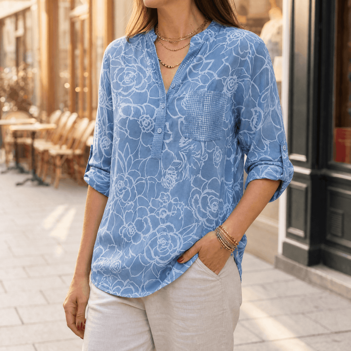Florenne - Sequin Pocket Floral Blouse for Women