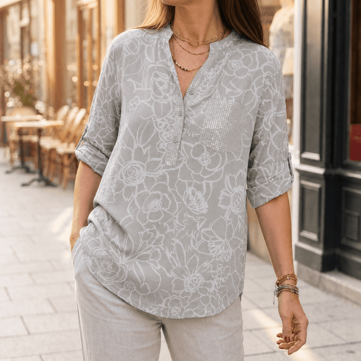 Florenne - Sequin Pocket Floral Blouse for Women
