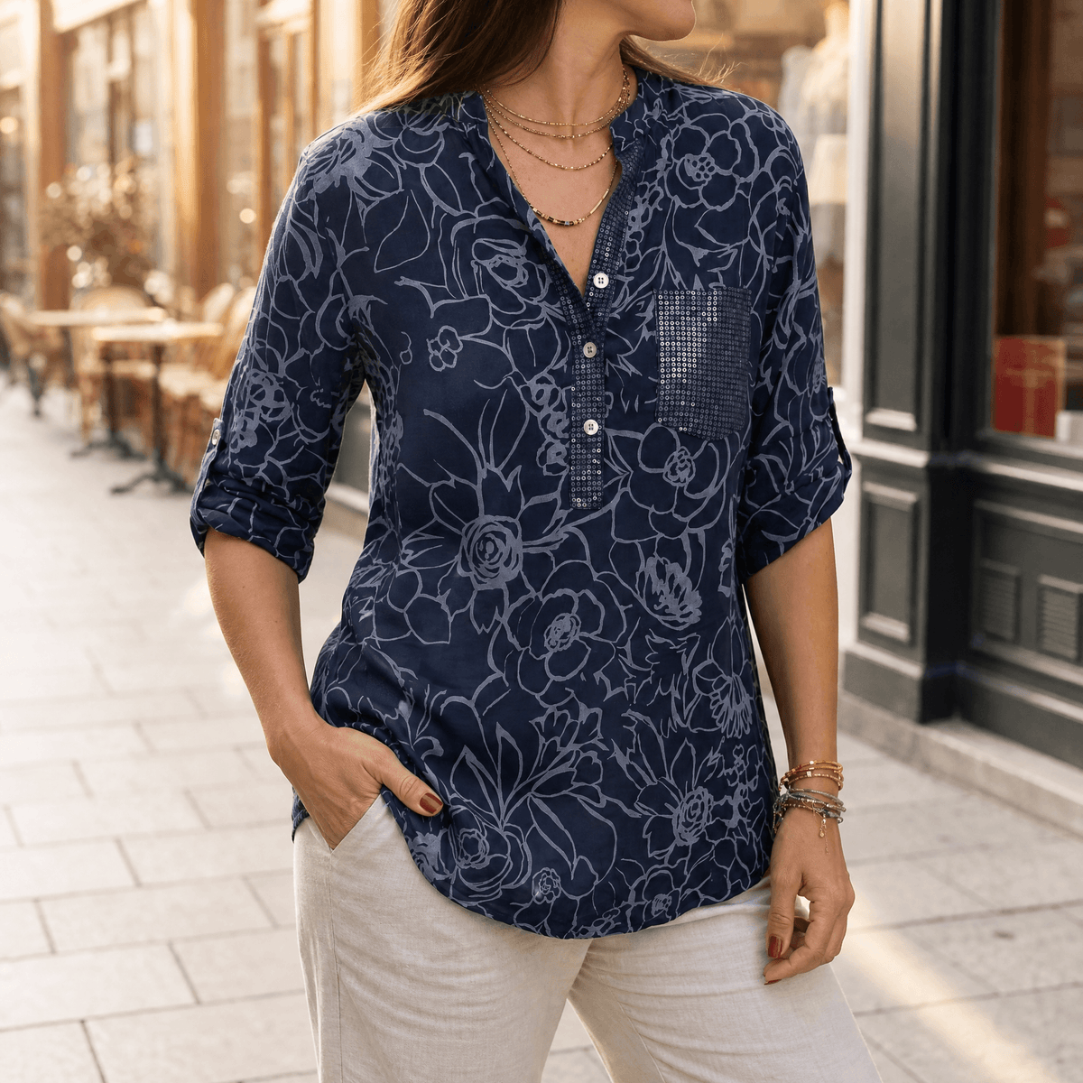 Florenne - Sequin Pocket Floral Blouse for Women