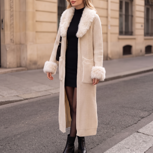 Sailorelle Long Knit Cardigan - Fur Collar Women's Cardigan