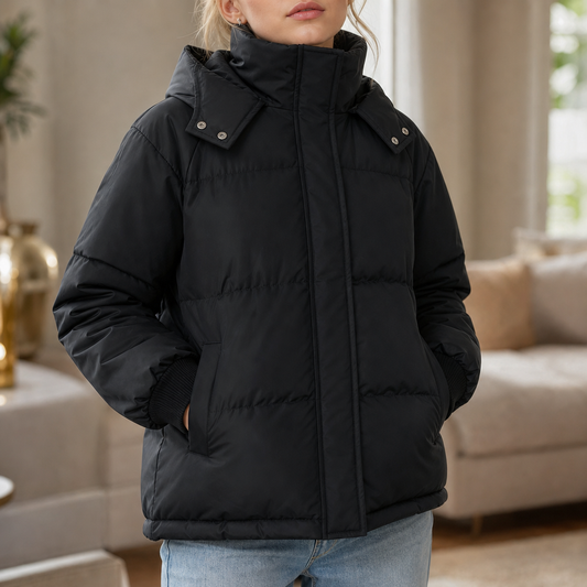 Veluna Cropped Puffer Jacket - Hooded Women's Short Coat