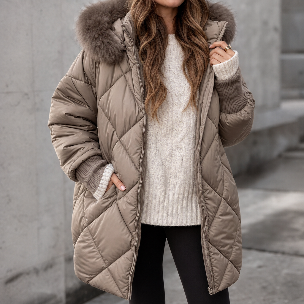 Wovella Faux Fur Hood Quilted Parka - Women's Knit Sleeve