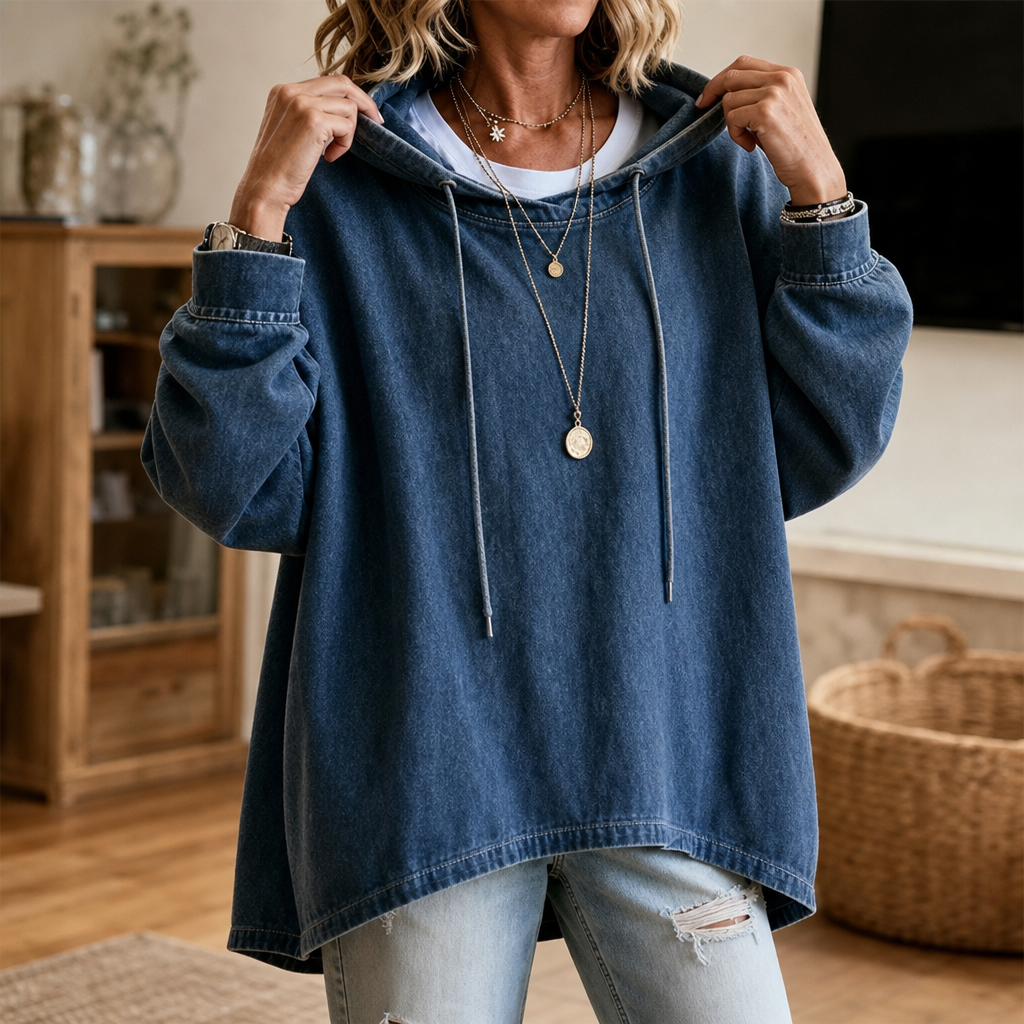 Denim Ease Oversized Hoodie - Washed Denim-Look Women's Top