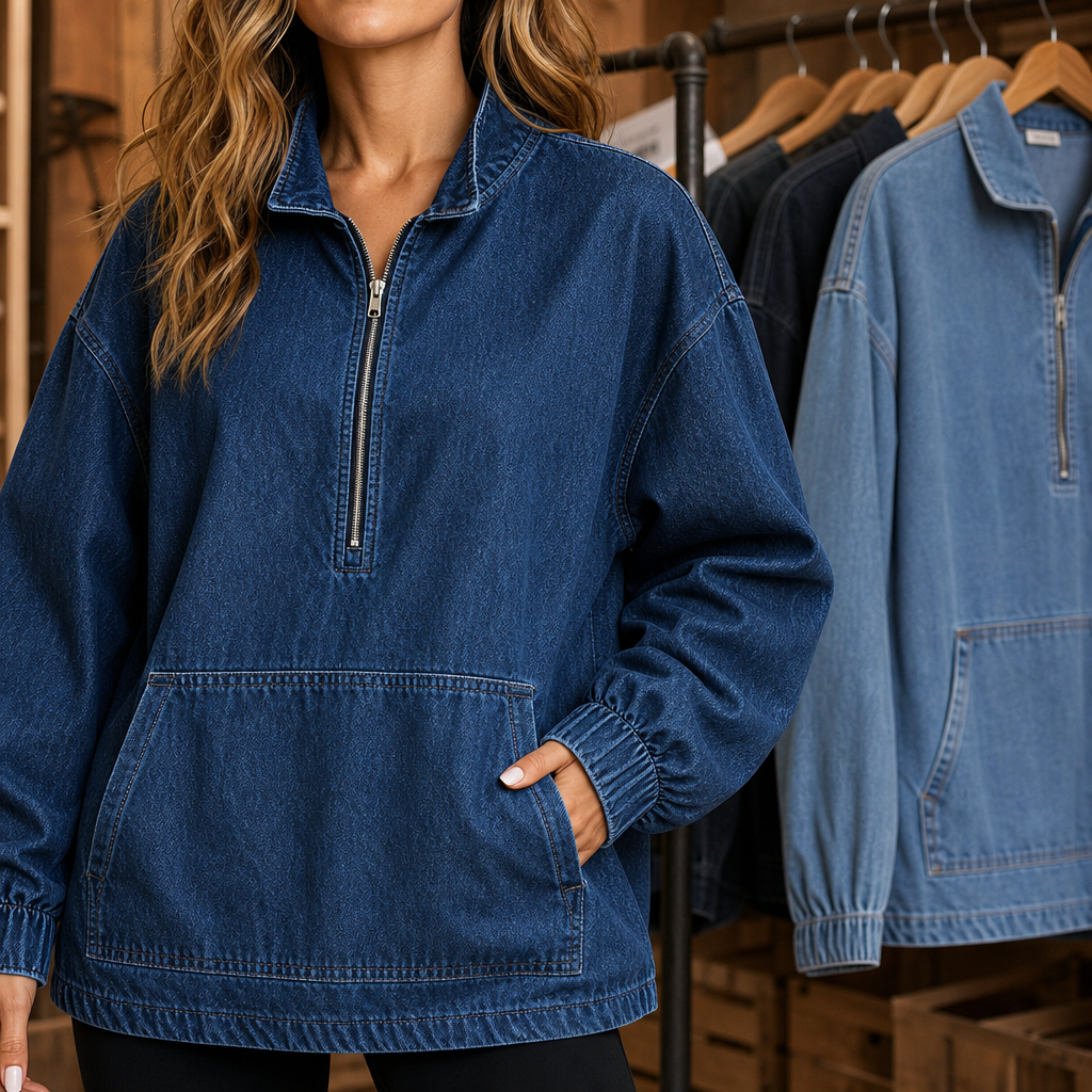 Half-Zip Haven Pullover - Washed Denim-Look Women's Top
