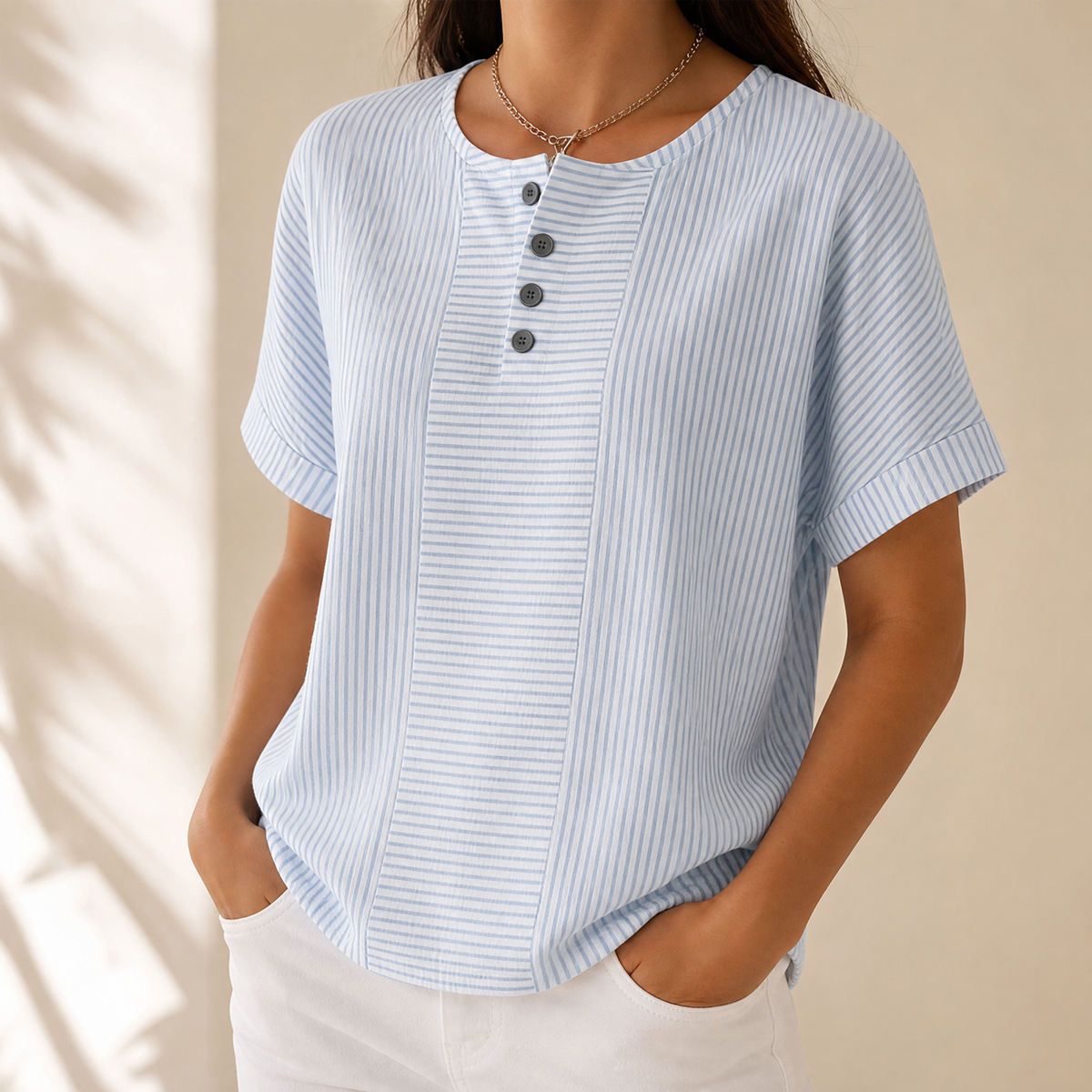 Lunavia - Striped Henley Top with Stripe Panel for Women