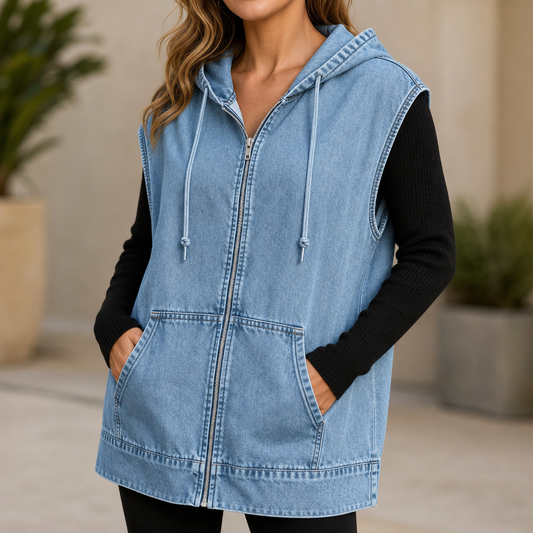 Wrapdrift Oversized Hooded Vest - Women's Denim-Look Gilet