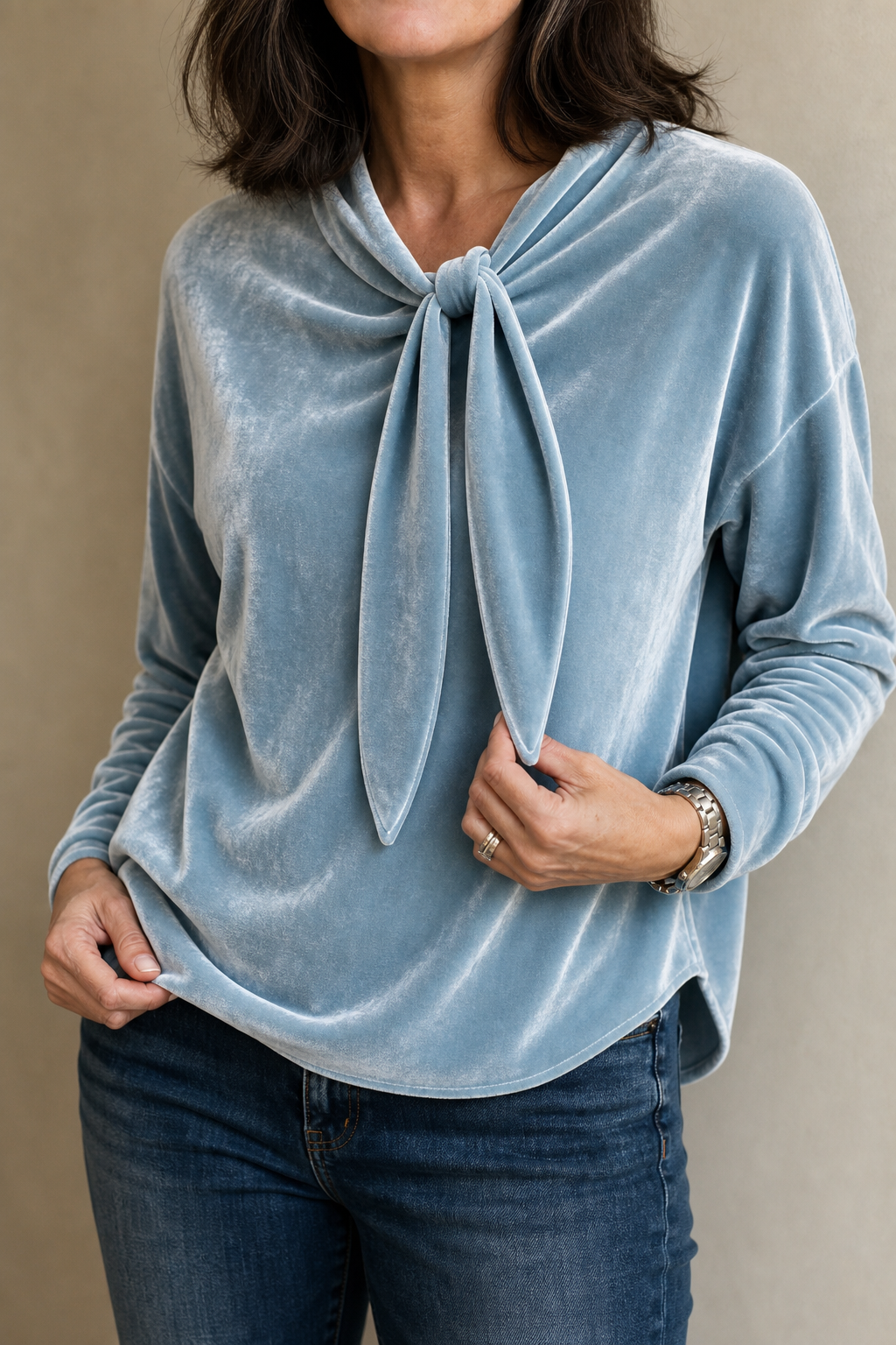 Tievelle - Velvet Tie-Neck Relaxed Women's Blouse