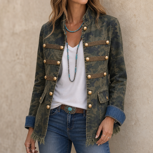 Gilded Rebel Camo Denim Jacket - Gold Button Women's Jacket