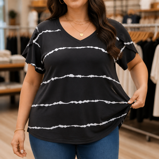 Curvella Striped V-Neck Tee - Women's Stretch Knit Top