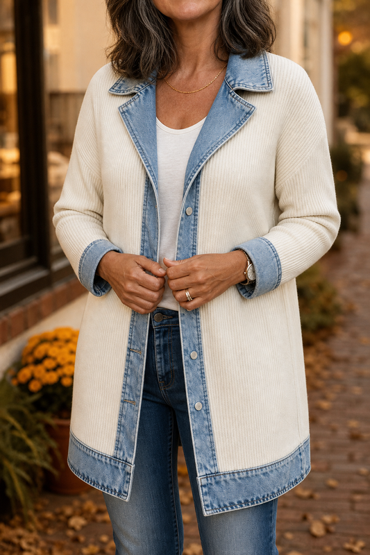 Wearbella Ribbed Knit Coat - Women's Denim Look Collar Coat