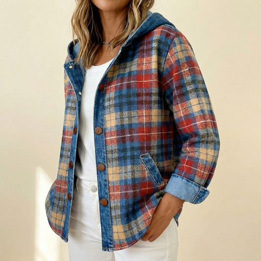 Weslyn Plaid Hooded Jacket - Women's Denim Trim Shacket