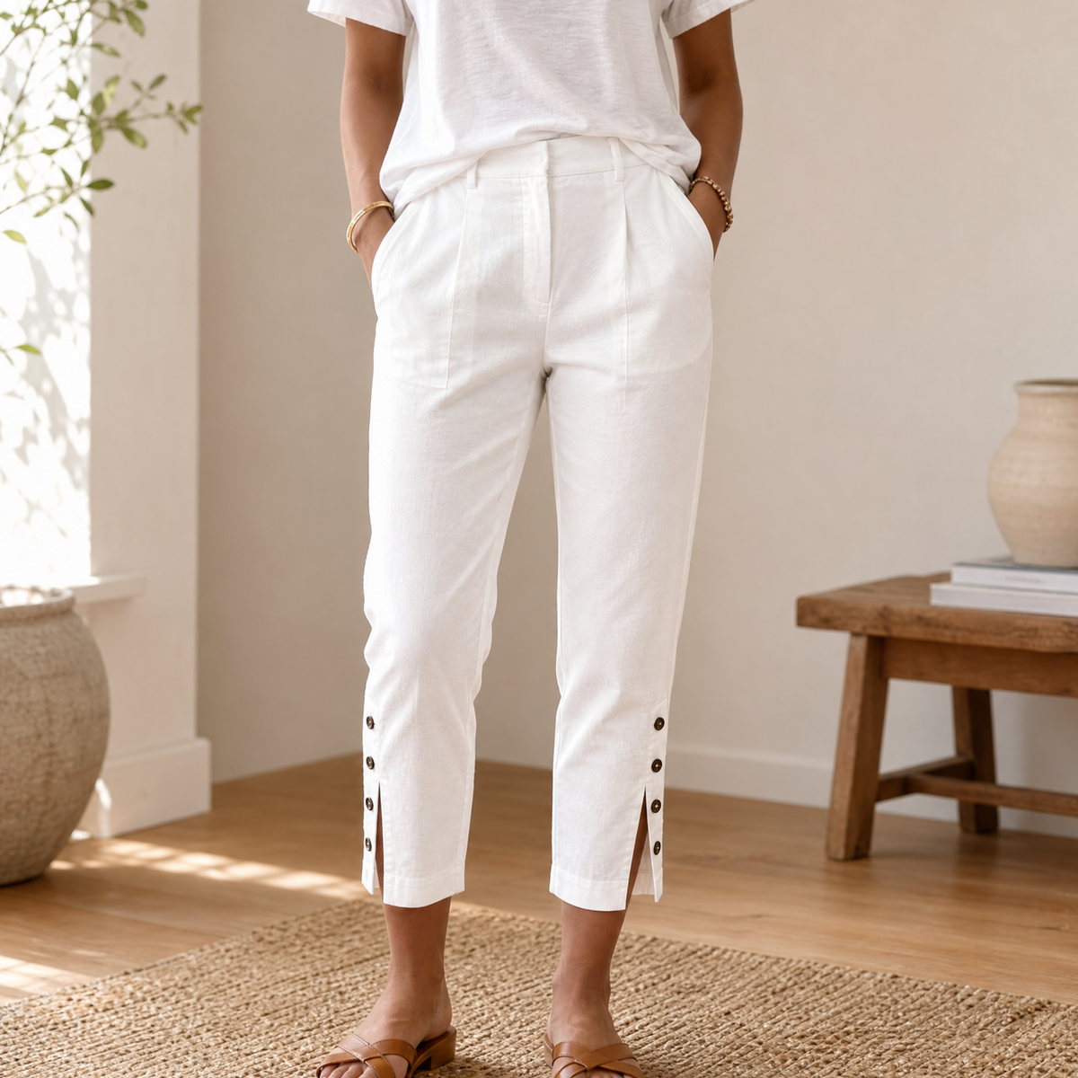 Lunessa Button Hem Pants - Women's Cropped Cotton Trousers